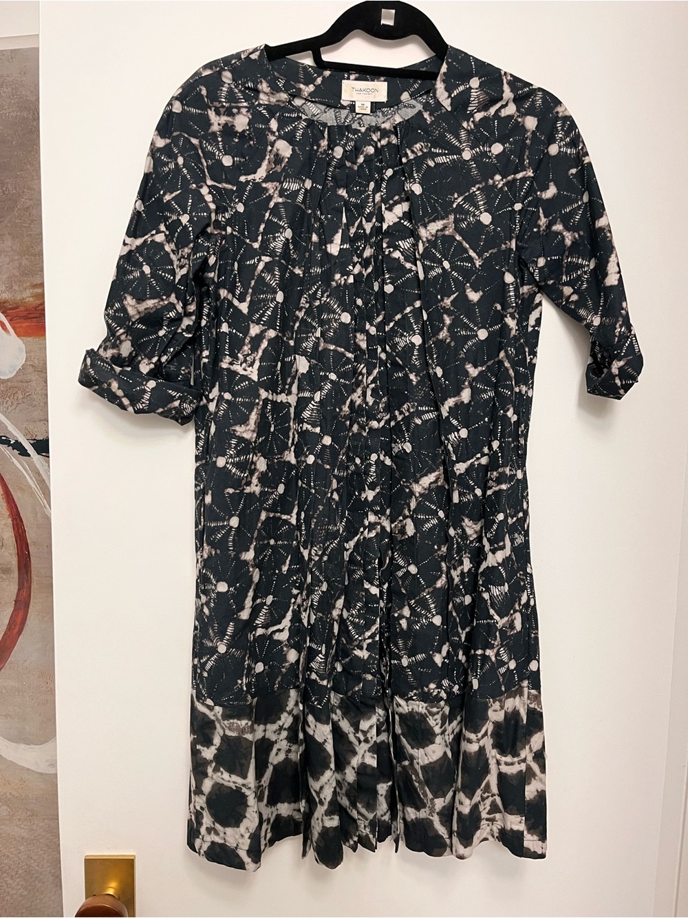Thakoon Navy and Cream Tie Dye Bohemian Printed Pleated Mini Pleated Dress